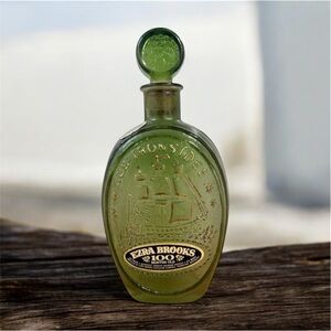 Vintage Ezra Brooks “Old Ironsides” Green Glass Decanter Bottle w/ Stopper Empty